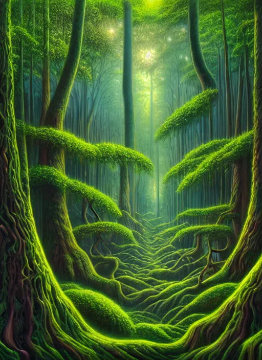 Prompt: lush forest, high detail, 4 k, surrealism style by john alex grey, artstation