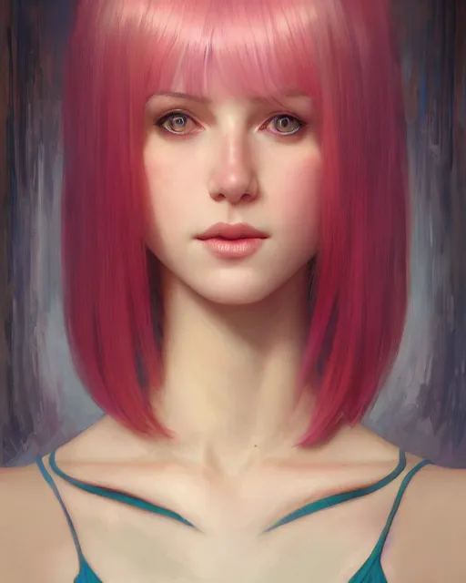 Image similar to portrait of a half elf woman with pink layered bob haircut, intricate, elegant, highly detailed, digital painting, artstation, concept art, smooth, sharp focus, illustration, art by artgerm and greg rutkowski and alphonse mucha and uang guangjian and gil elvgren and sachin teng and wlop, symmetry