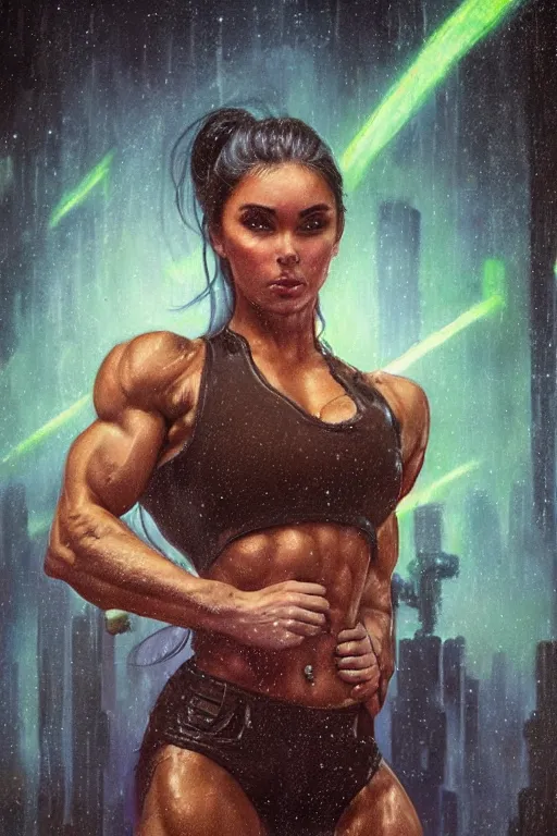 Prompt: body builder, extremely muscular madison beer, in the style of johan grenier and john picacio and alan m. clark, trending on artstation, bioluminescence tilt - shift blade runner 2 0 4 9, crayon art, futuresynth, splash art, post - minimalism