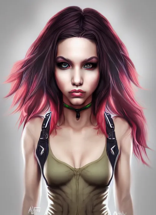 Image similar to a portrait of a pretty sewer punk young lady by artgerm