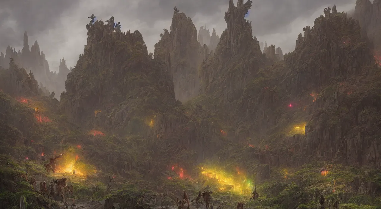 Image similar to technicolor dinosaurs, glowing with magic, surrounded by slate grey walls, matte painting, fantasy art, concept art, greg rutkowski, james gurney, johannes voss, hasui kawase.