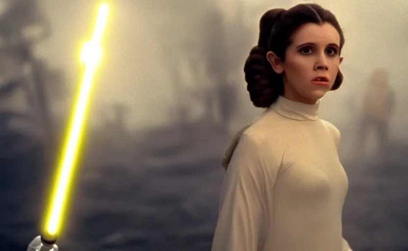 Prompt: glamour portrait of Princess Leia using yellow lightsaber on foggy beach, 1980s film directed by Stephen Speilberg, iconic scene, carrie fischer's photoreal face, stunning cinematography, hyper-detailed, sharp, anamorphic lenses, kodak color, 4k