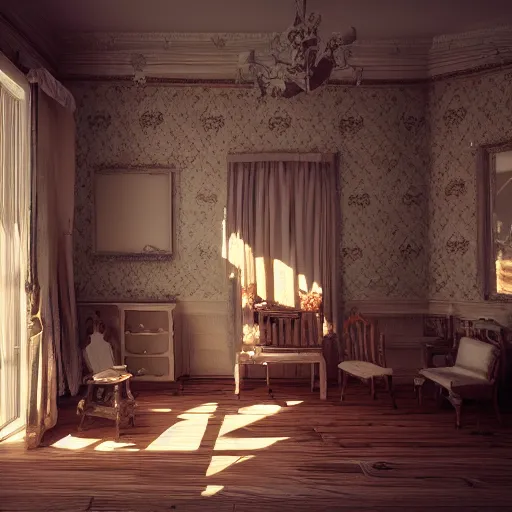 Image similar to photo of a Victorian dollhouse, interior view, extreme details, soft lighting, crepuscular rays, realistic octane render, 8k