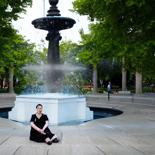 Image similar to a woman in maid uniform is sitting on a edge of a fountain in park, 8k, photo taken with Sony a7R camera