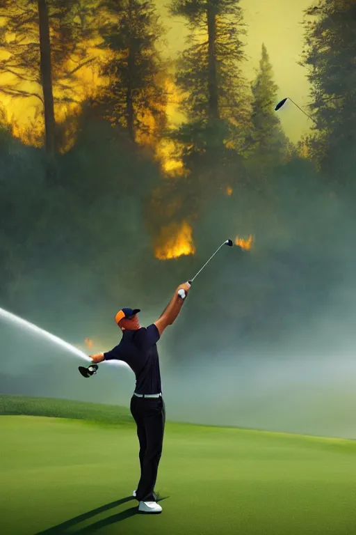 Prompt: close-up of an athletic golf player in a lush golf course with automatic watering, a water spray, magical lights, golden hour, surrounded by burning forests, smoke from the fire, digital painting, 4k, forest ray light, particles light, by sasha kalinkin, Noah Bradley, ilya kuvshinov