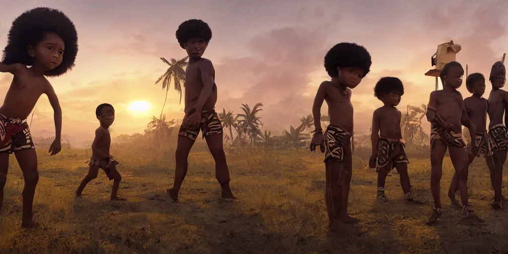 Prompt: a film still for African favela, four kids wearing African war paint tribal masks stand ready for battle, medium shot, waist up, studio Ghibli, Pixar and Disney animation, sharp, Rendered in Unreal Engine 5, anime key art by Greg Rutkowski, Bloom, heavy dramatic sunset lighting
