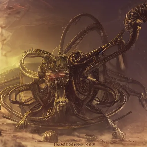 Image similar to phyrexian dreadnought borg queen xenomorph hybrid with protomolecule vesicles being possessed by the machine spirit artists tram pararam and doctor seuss with joan semmel and hr giger pastel high contrast cinematic light, mystical shadows, sharp focus, warhammer fourty k, octane render