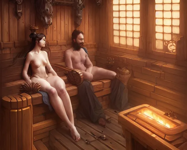 Image similar to two people in sauna, deep focus,, fantasy, intricate, elegant, highly detailed, digital painting, artstation, concept art, matte, sharp focus, illustration, hearthstone, art by artgerm and greg rutkowski and alphonse mucha