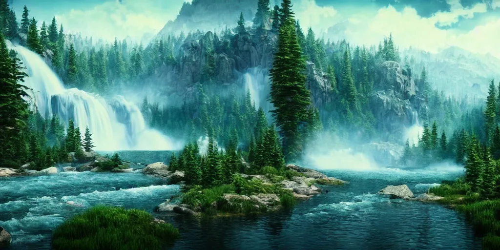 Prompt: epic landscape. mountains. river. waterfall. pine trees. lake. forest. cinematic. epic. high details, photorealistic. concept art. artstation trending. photorealistic. 3 5 mm film.