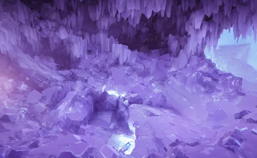 Prompt: poor kids drawing of an ice cavern matrix with purple goo tubing and ice crystals, octane render, ray - tracing, high contrast, detailed scene, subsurface - scattering, 4 k, high quality desktop wallpaper, trending on artstation