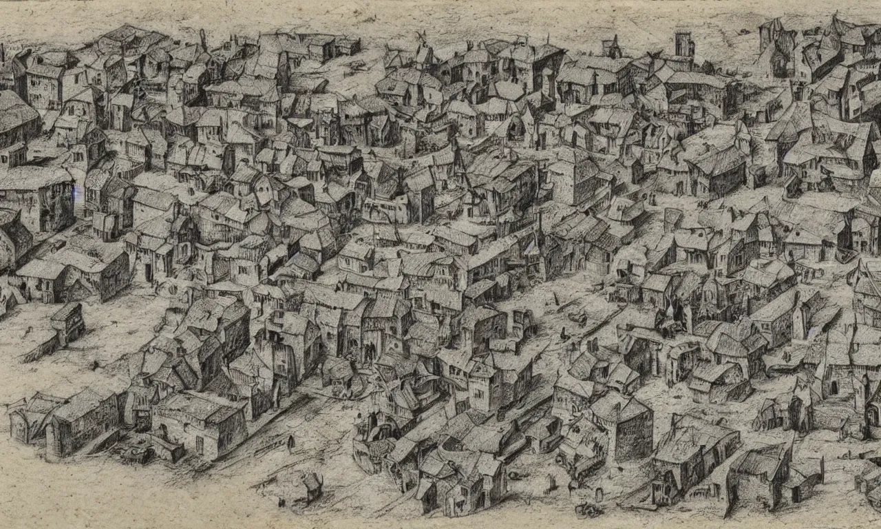 Prompt: Stereoscopic 3D photo of a medieval village dioram, High detailed drawing