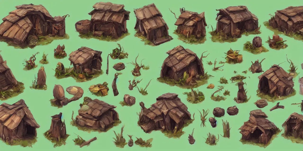 Prompt: game asset sheet, material study, 2 d sprite, jungle huts and other makeshift structures