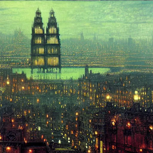 Prompt: occult city by john atkinson grimshaw