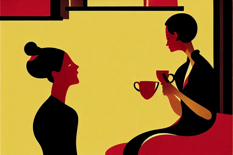 Image similar to editorial illustration by Karolis Strautniekas and Mads Berg, portrait of a woman drinking tea in a crowded cafe, colorful, fine texture,detailed, muted colors,film noir, dramatic lighting, dynamic composition, vivid, matte print, wide angle,((sunbeams)), moody, extreme perspective