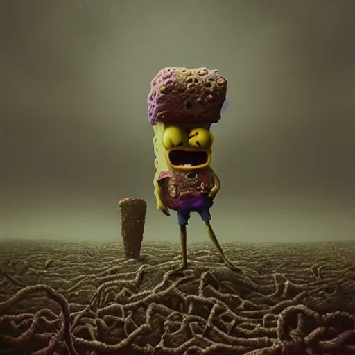 Image similar to spongebob squarepants in style of zdzisław beksinski, standing in wasteland, horror art, creepy, desolate