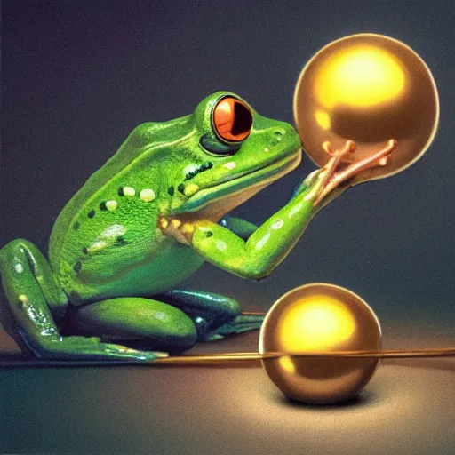 Prompt: long shot of a cute frog playing with golden metal balls, by esao andrews, by m. w. kaluta, by pixar, volumetric light, rich colors, very humorous oil painting, realistic reflections, smooth, concept art, depth perception, high depth of field, 4 k, unreal engine 5, ultradetailed, hyperrealistic, artstation