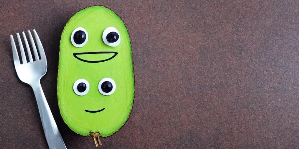 Prompt: cute smiling avocado robot with cute eyes and forks instead of arms