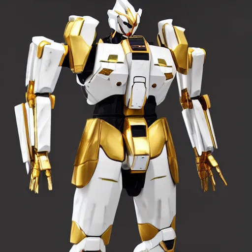 Image similar to intricate white marble and gold mecha gundam inspired full-body armour cinematic lighting mecha suit trending on artstation 8k hyperrealistic high details unreal engine 5