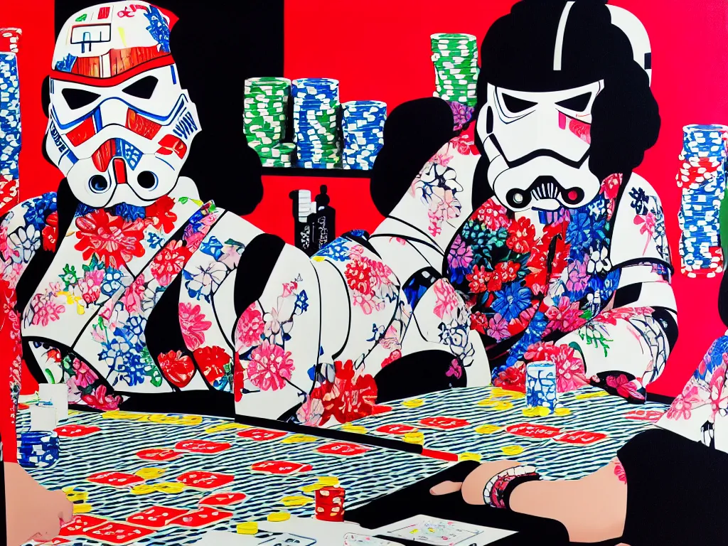 Image similar to hyperrealism composition of the detailed single woman in a japanese kimono sitting at an extremely detailed poker table with stormtrooper, fireworks, river on the background, pop - art style, jacky tsai style, andy warhol style, acrylic on canvas