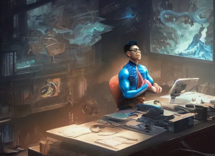 Image similar to an insanely detailed painting of an asian man wearing a homemade superhero costume, sitting at a desk, staring seriously at the computer and typing, in the style of peter mohrbacher, james jean, artgerm, dramatic lighting and composition, surreal background, octane render, pixar, trending on artstation, concept art, comic book, view from behind, 8 k