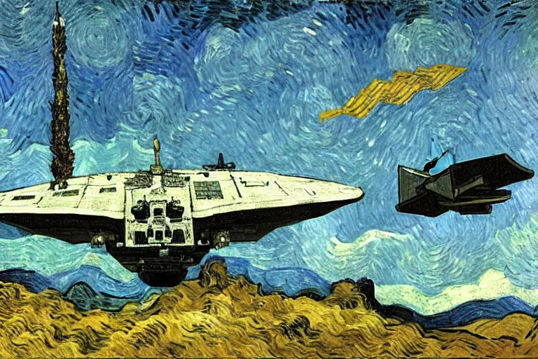 Image similar to detailed oil painting of an Imperial Shuttle spacecraft flying away from earth by Vincent van Gogh