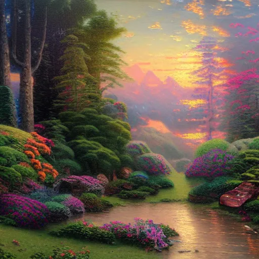 Prompt: oil painting of a landscape, made by a 5-year-old Thomas Kinkade