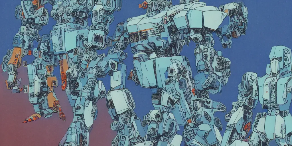 Image similar to risograph, gigantic mecha faces, no artifacts, mecha faces, a lot of exotic mecha faces, big human mecha faces everywhere, by satoshi kon and moebius, matte blue colors, surreal design, crispy, super - detailed, a lot of tiny details, no blur, 4 k, fullshot