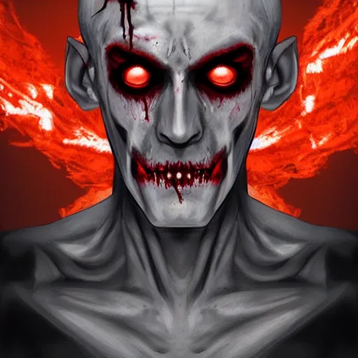 Image similar to An extremely skinny zombie man with burning yellow smokey eyes on a dusty haunting background with red and white smoke and dirt, in the style of artgerm and adam hughes