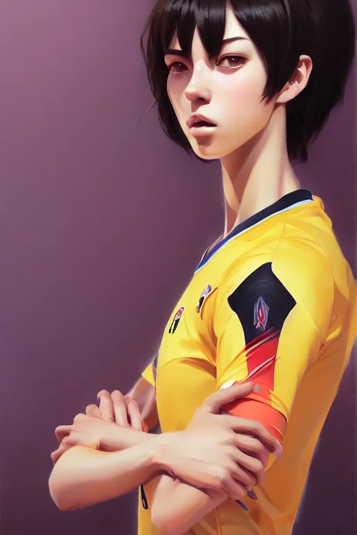 Image similar to a ultradetailed beautiful panting of a stylish woman wearing a volleyball jersey, detailed face, oil painting, by ilya kuvshinov, greg rutkowski and makoto shinkai