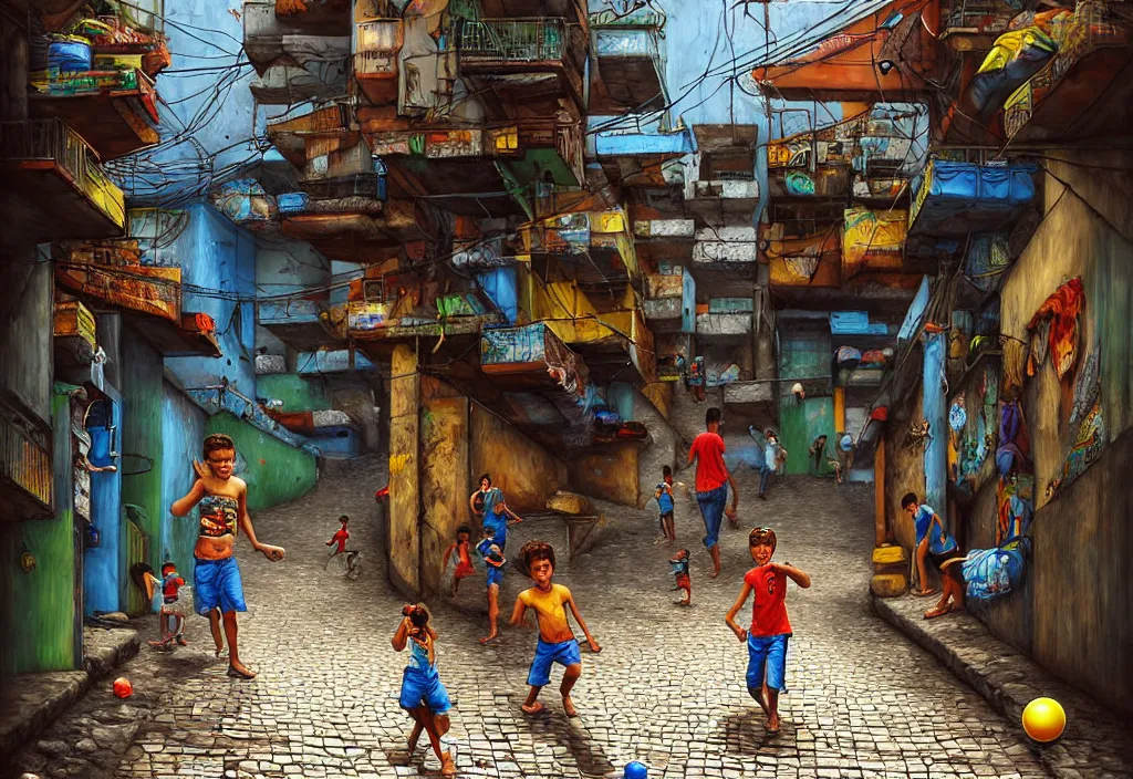 Prompt: photorealistic favela rocinha rio de janeiro with precise rendered alleys with intricate details of gun happy people in alley close view of kid playing with colorful ball and flying kit by Justin Gerard