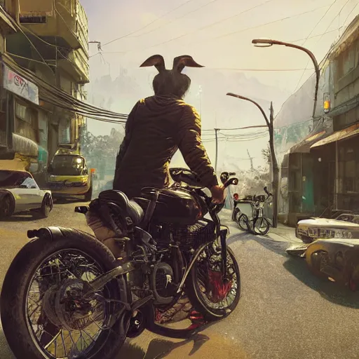 Image similar to highly detailed portrait of a biker rabbit in gta v, stephen bliss, unreal engine, fantasy art by greg rutkowski, loish, rhads, ferdinand knab, makoto shinkai and lois van baarle, ilya kuvshinov, rossdraws, tom bagshaw, global illumination, radiant light, detailed and intricate environment