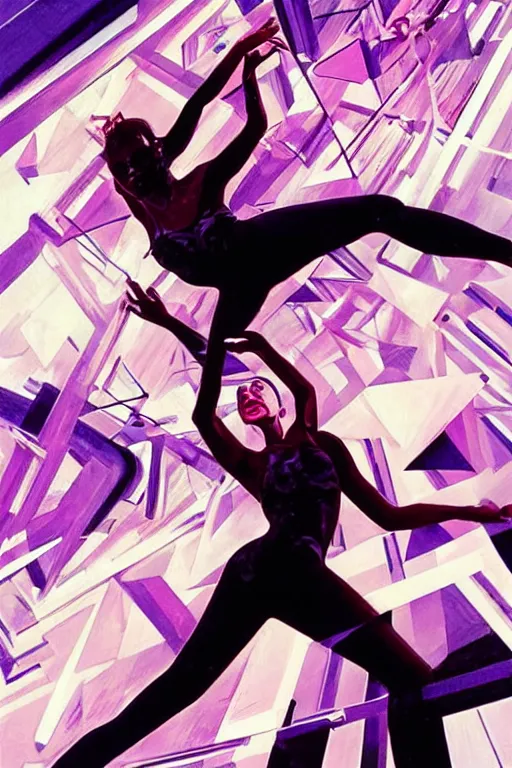 Image similar to wideangle action, a wild beautiful ballet techno dancer entangled by black tendrils of reality, madness, decoherence, synthwave, glitch!!, fracture, vortex, realistic, hyperdetailed, concept art, art by syd mead, cubism