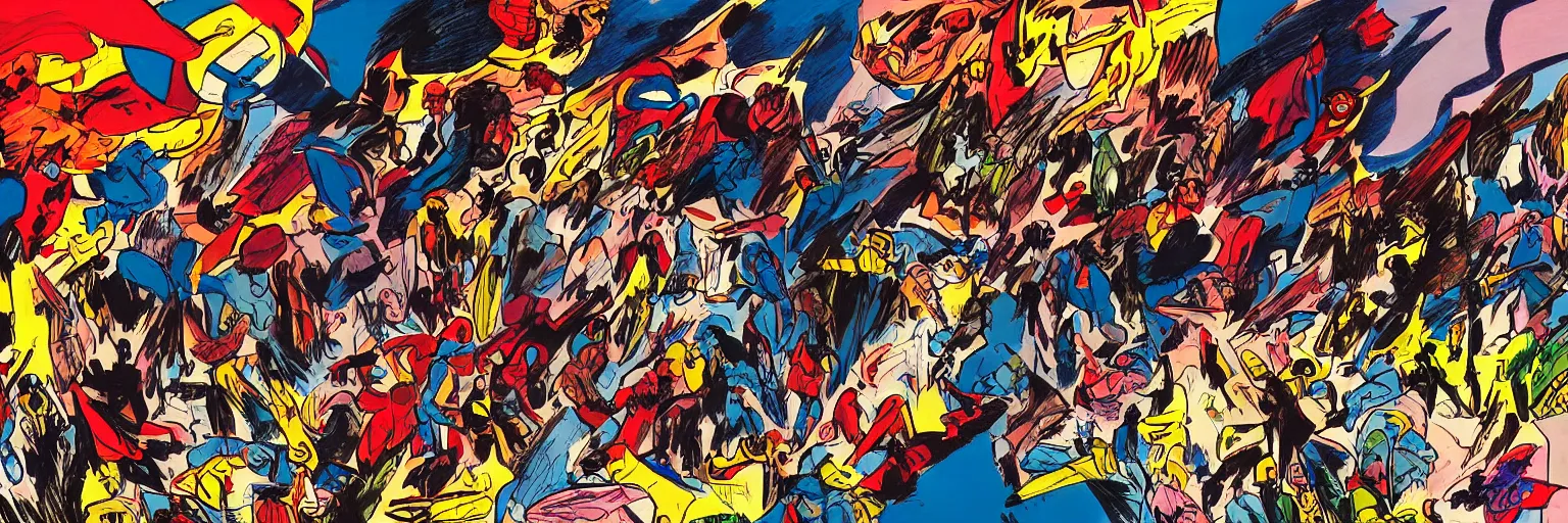 Prompt: abstract comic book art of people, dc comics, modern art,