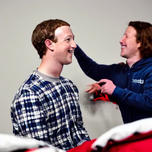 Image similar to mark zuckerberg in a flannel pajama onesie getting tucked into a racecar bed with a big smile