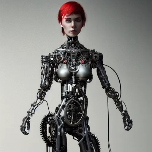 Image similar to A professional portrait of a young cyborg woman made of metal parts, gears, wires as hair, red eyes, lipstick, narrow waist, symmetrical face features, elegant, finely detailed, concept art, in style of Greg Rutkowski,