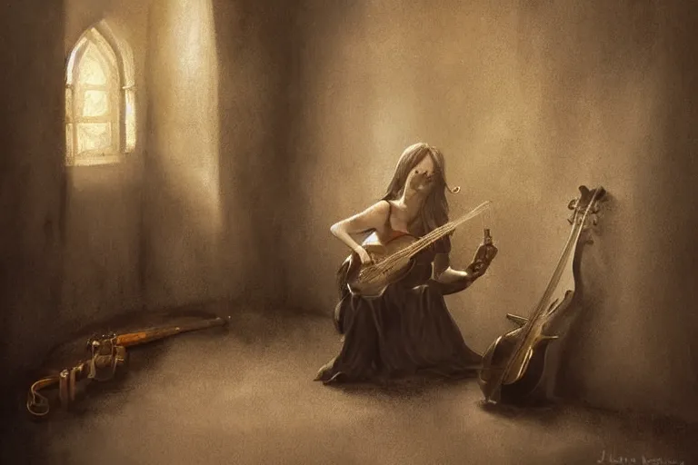 Image similar to still life. an empty brutalist chamber, lonely, somber, a cursed demonic istrument lute, oud, guitar designed by brian froud leans against the wall alone, abandoned. a thin wisp of smoke rises from the lute. late afternoon lighting cinematic fantasy painting by jessica rossier