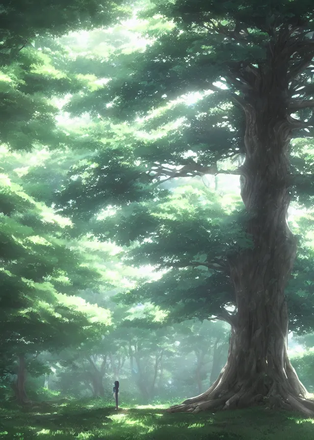 Image similar to grand green tree in a forest, makoto shinkai