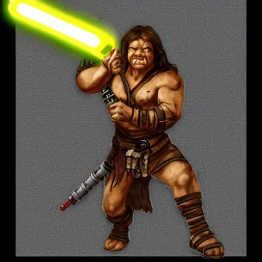 Prompt: Barbarian with a lightsaber