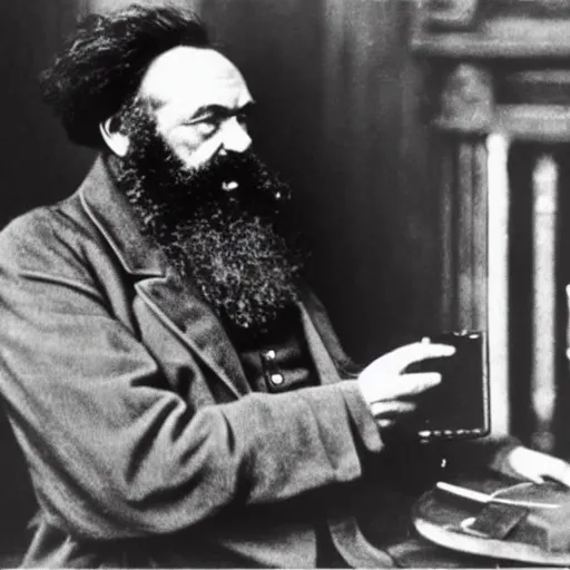 Prompt: Karl Marx looking at ipone, photo, 1920
