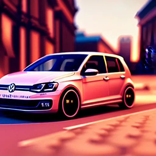 Image similar to a car parked Volkswagon Golf at side of road, Berlin City, city sunset, cinematic color, photorealistic, highly detailed, bokeh, DOF, octane render
