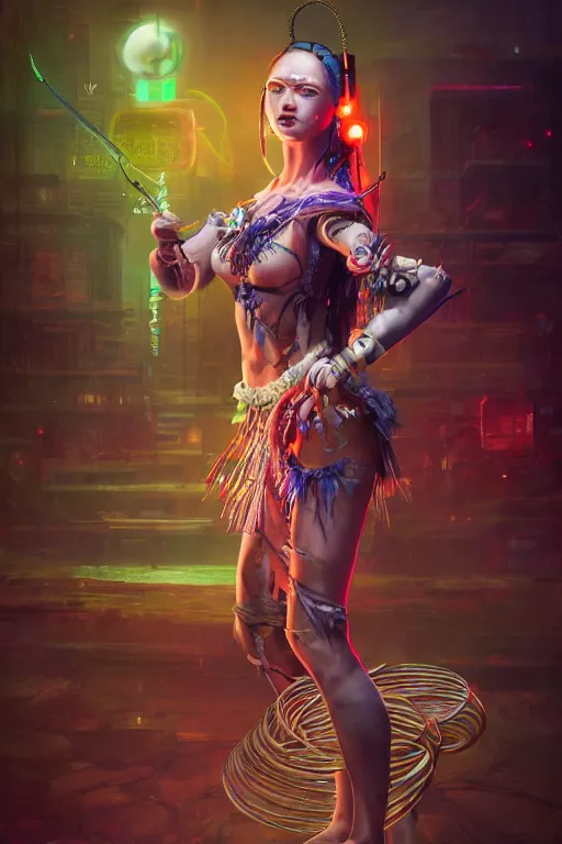 Image similar to An epic fantasy comic book style full body portrait painting of a very beautiful cyberpunk Hula Dancer, character design by Mark Ryden and Pixar and Hayao Miyazaki, unreal 5, DAZ, hyperrealistic, octane render, cosplay, RPG portrait, dynamic lighting, intricate detail, cinematic