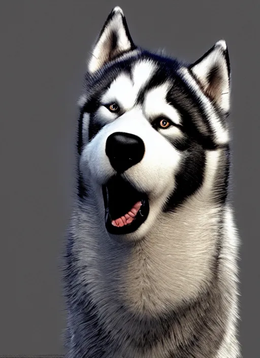 Image similar to masterpiece portrait of a cute husky as a gentleman, au naturel, hyper detailed, digital art, trending in artstation, cinematic lighting, studio quality, smooth render, unreal engine 5 rendered, octane rendered, art style by klimt and nixeu and ian sprigger and wlop and krenz cushart and kim jung gi and greg rutkowski