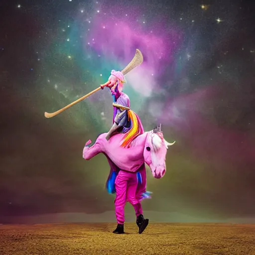 Image similar to wizard riding a pink unicorn carrying a hockey stick, ultraHD, realistic, photojournalism, Pulitzer Prize, national geographic