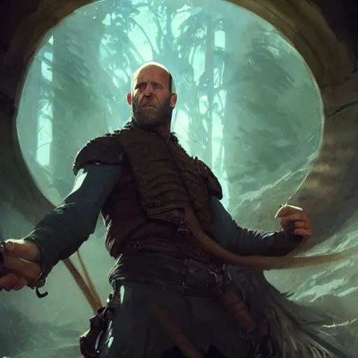 Image similar to photography of jason statham, deep focus, d & d, fantasy, intricate, elegant, highly detailed, digital painting, artstation, concept art, matte, sharp focus, illustration, hearthstone, art by artgerm and greg rutkowski and alphonse mucha