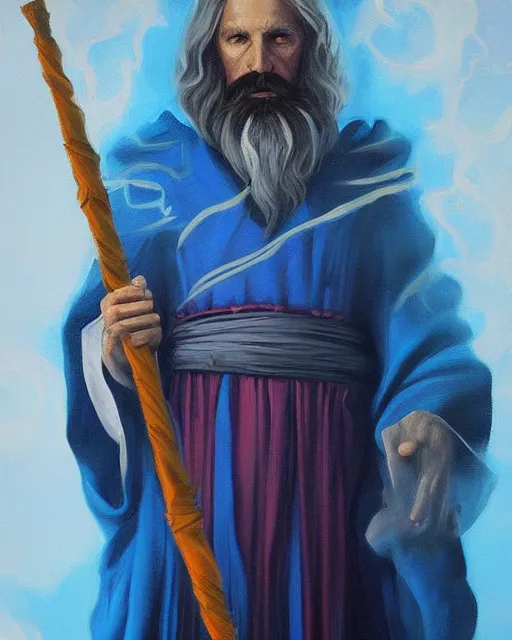 Image similar to Hyper realistic painting of a wizard in a blue robe, by Anato Finnstark, detailed, beautiful, trending on artstation