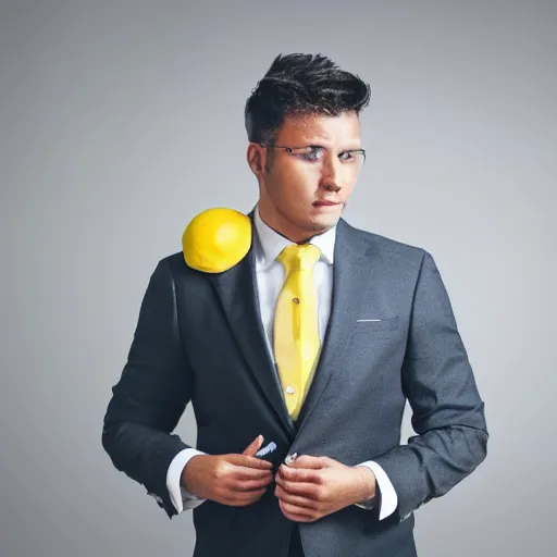 Image similar to a man wearing a suit lemon head