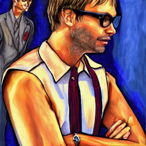 Image similar to jeffrey dahmer using gucci inmate clothes in catwalk court, oil painting, ultradetailed, digital painting, ultradetailed