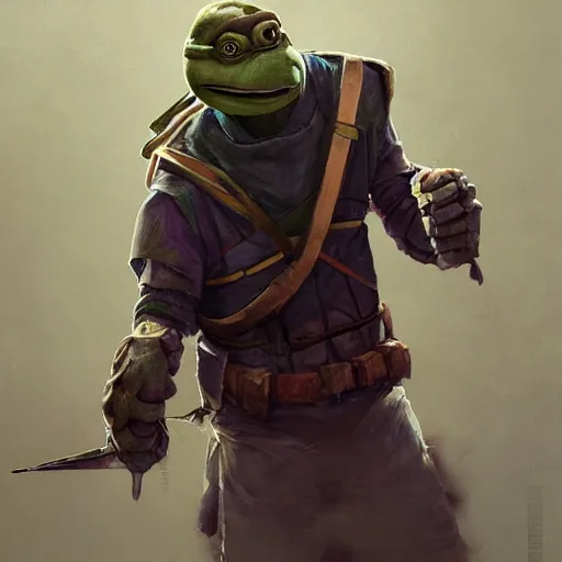 Prompt: portrait painting of a system administrator teenage mutant ninja turtle donatello, building computers, painted by greg rutkowski, dishonored 2