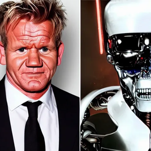 Prompt: gordon ramsay has the terminator cyborg and a movie still