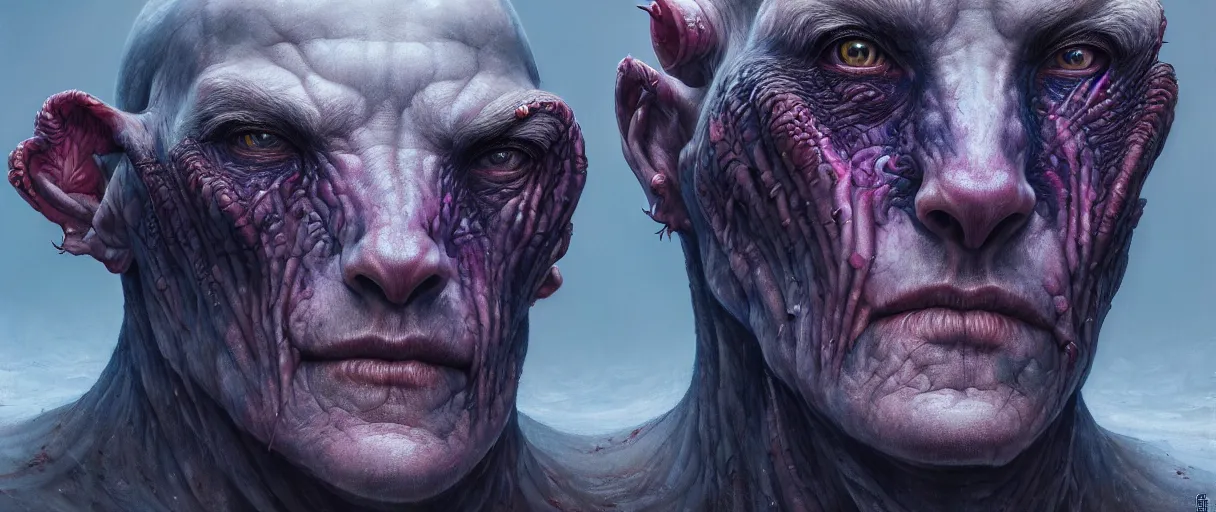 Image similar to hyperrealistic highly detailed macro portrait of Jötunn smirking sharp concept art wayne barlowe hannah yata cinematic lighting 8k low angle shallow depth of field